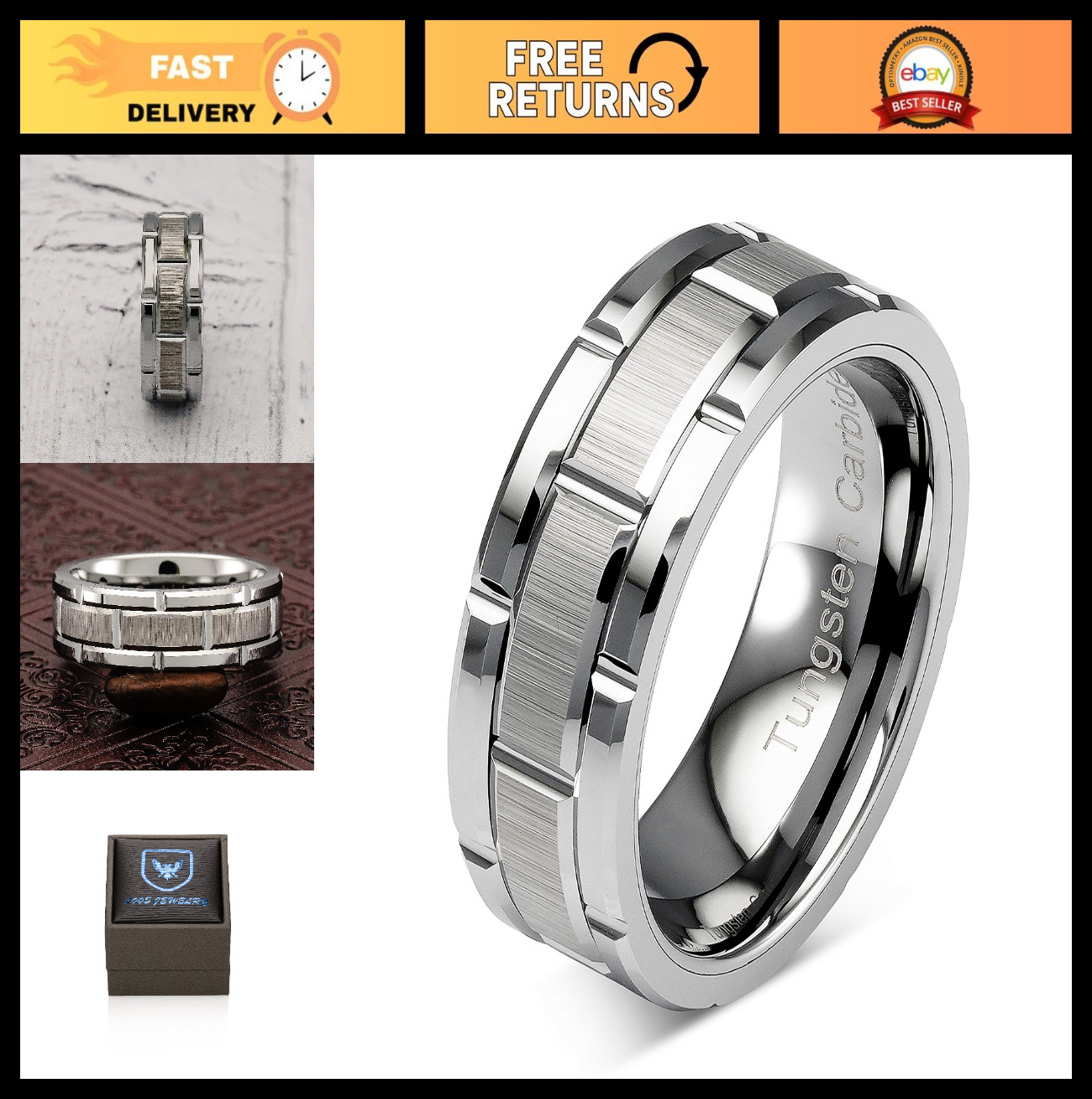 Tungsten Wedding Band for Men, Silver Brick Pattern, Brushed Finish, Size 6-16