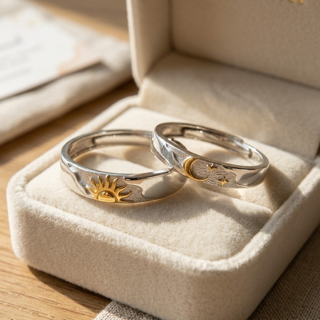Sun Moon Star Adjustable Couple Promise Rings Set Matching Wedding Bands for Her