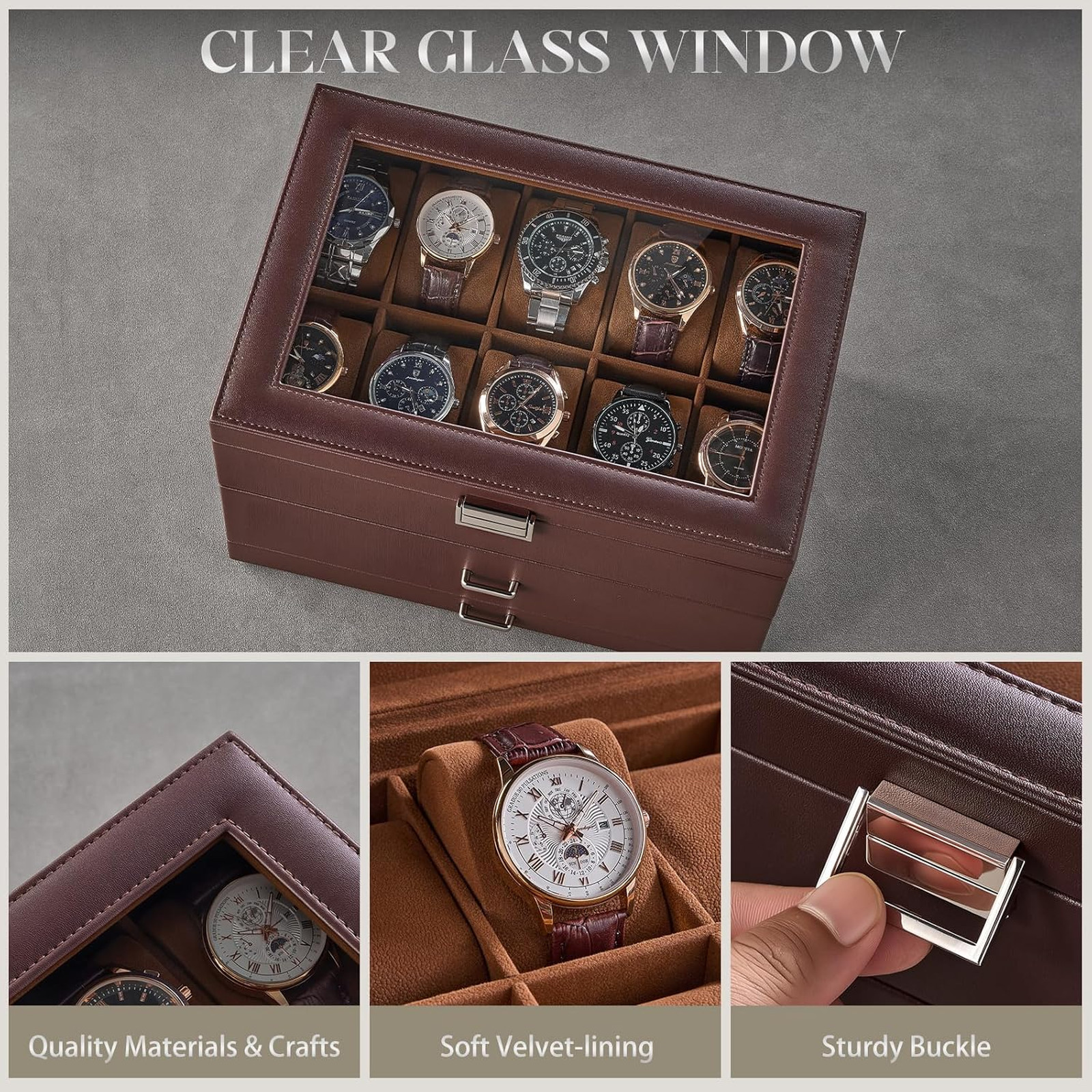 3 Layer Watch Storage Box with Glass Lid for Men 20 Slot Brown PU Velvet