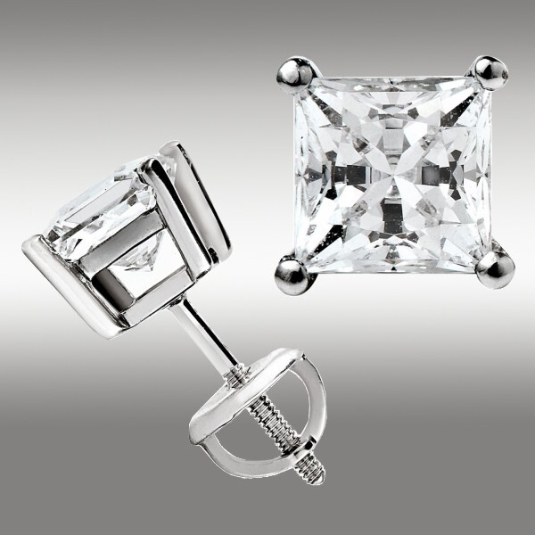 3 Ct Princess Cut GRA Moissanite Stud Earrings 14K Solid White Gold 6.5mm New