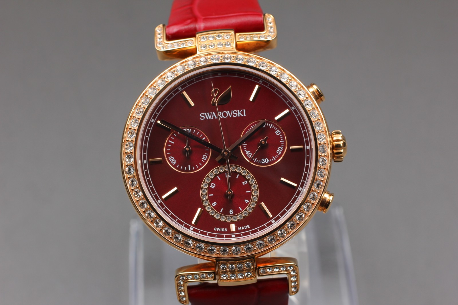 Top MINT Swarovski Chronograph Swiss Made Quartz Red Rose Gold Watch From JAPAN
