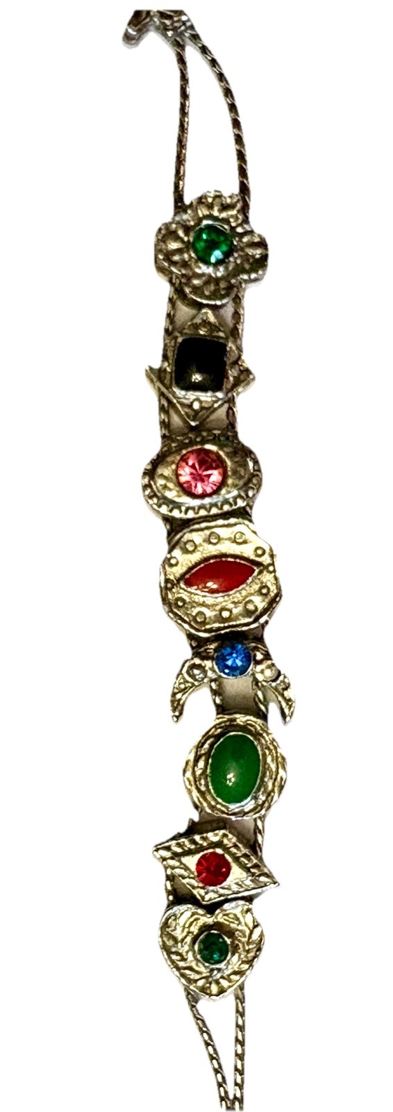 VTG Victorian Revival Slider Charm Bracelet Silvertone Rhinestones Enamel 7 1/4″