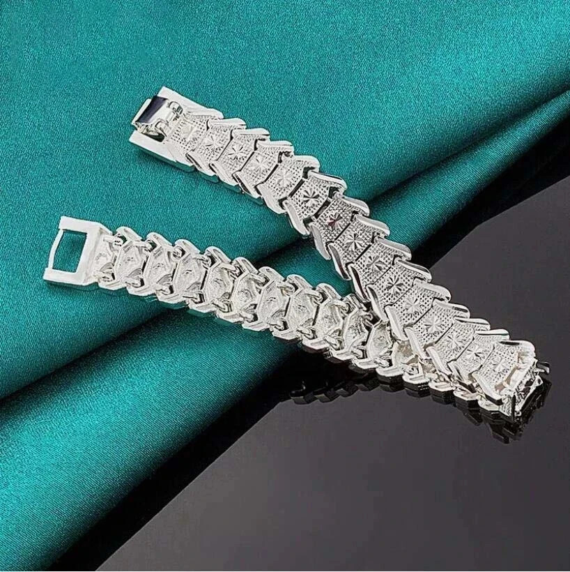 925 Sterling Silver Flower Pattern Wide Wristband Bracelet 20cm 7.9 Inch