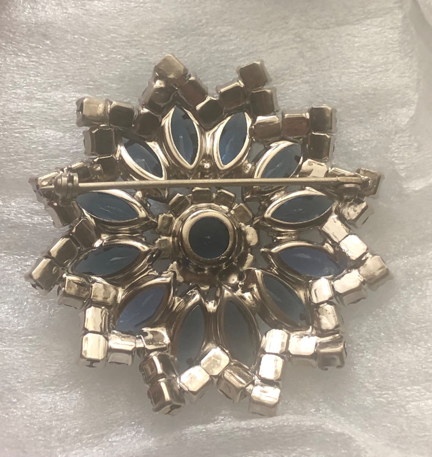 Caribbean Blue Rhinestone Brooch, Layered Navettes ABs, High End, Juliana Style