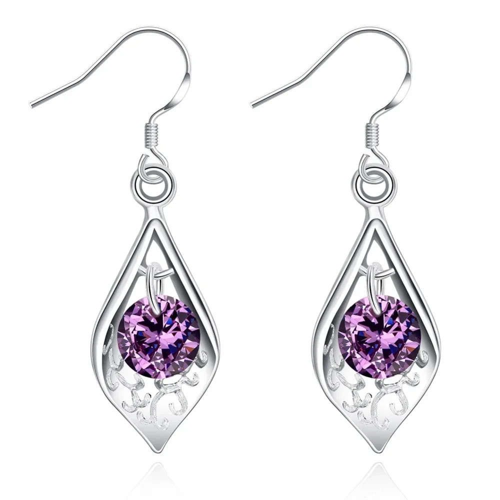 925 Sterling Silver Purple CZ Crystal Teardrop Drop Dangle Earrings Women Gift