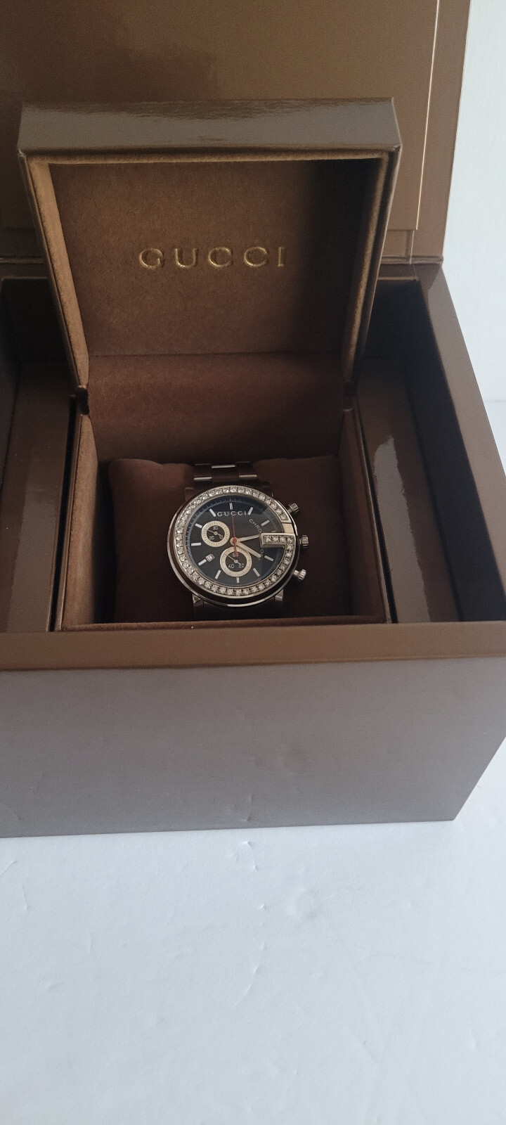 Gucci Chronoscope Watch 46 Diamond Bezel Mens’ SS Band Model #YA101309
