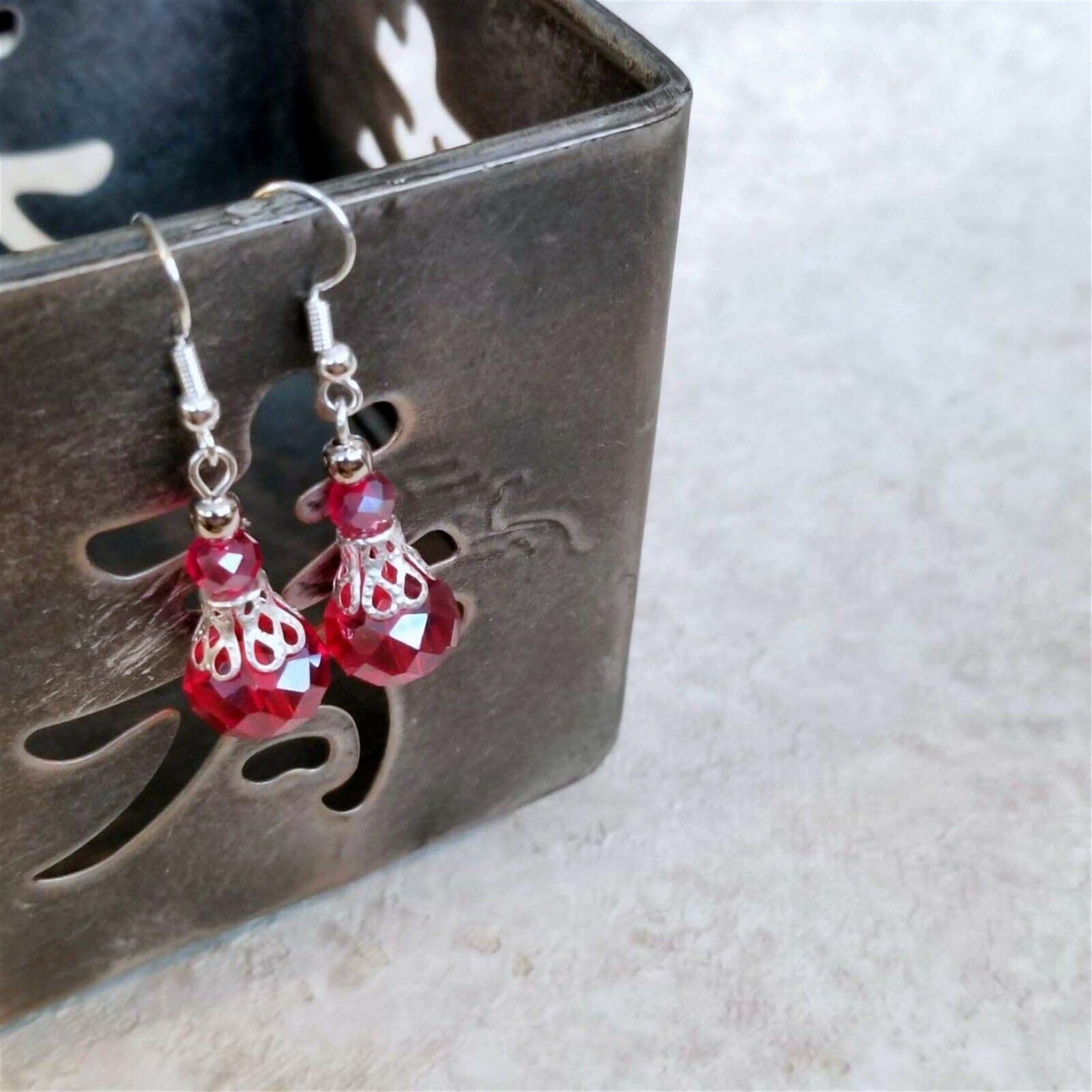 Victorian Red Crystal Silver Filigree Basket Handcrafted Earrings