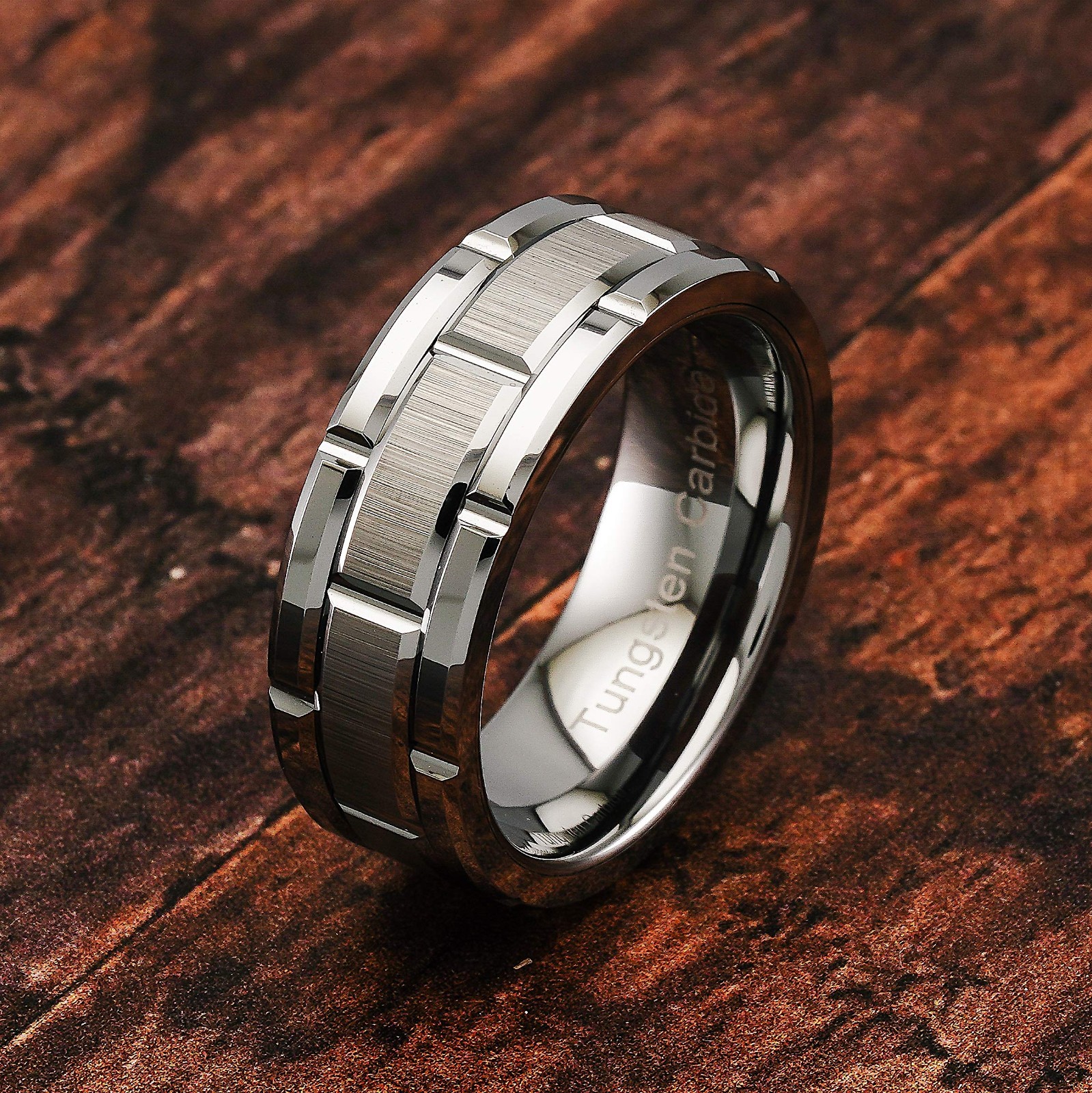 Tungsten Wedding Band for Men, Silver Brick Pattern, Brushed Finish, Size 6-16