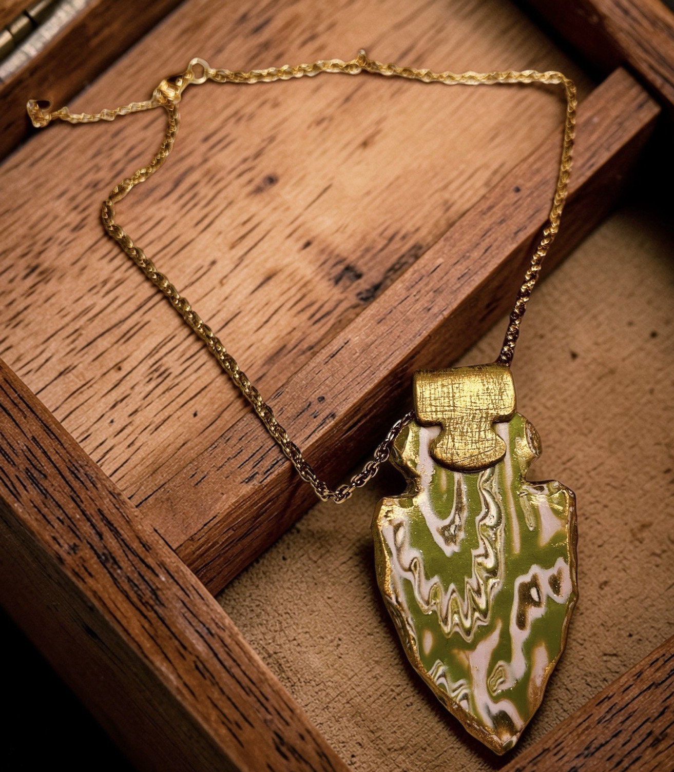 Handmade Green Pink & Gold Polymer Clay Pendant 18″ Necklace on SS Cable Chain