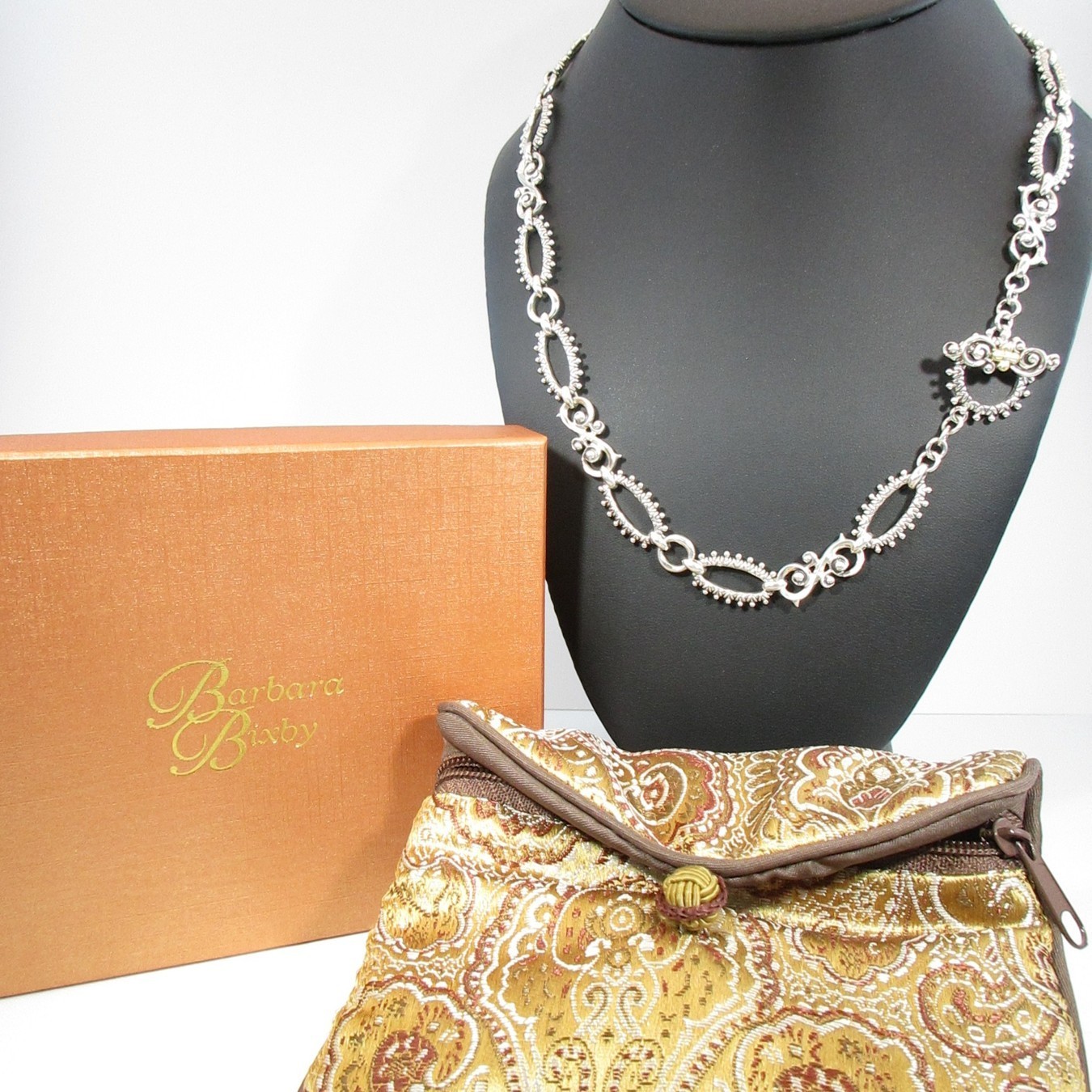 Barbara Bixby Sterling & 18K Gold Flower Scroll & Oval Link 20″ Toggle Necklace