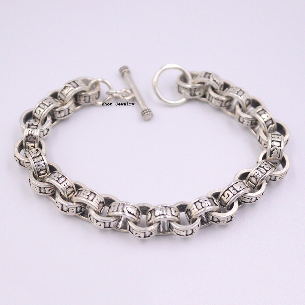 Pure 925 Sterling Silver Chain 10mm Six-word Rolo Link Bracelet 47-49g 7.48INCH
