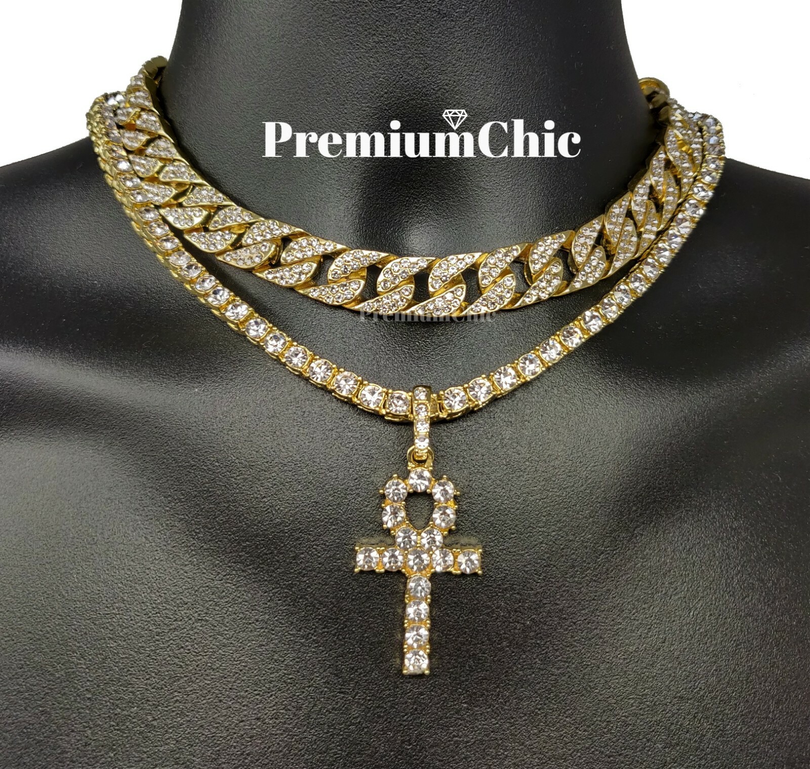 3pc, ANKH Pendant, Tennis Necklace, Miami Cuban Choker Plated CZ Jewelry SET
