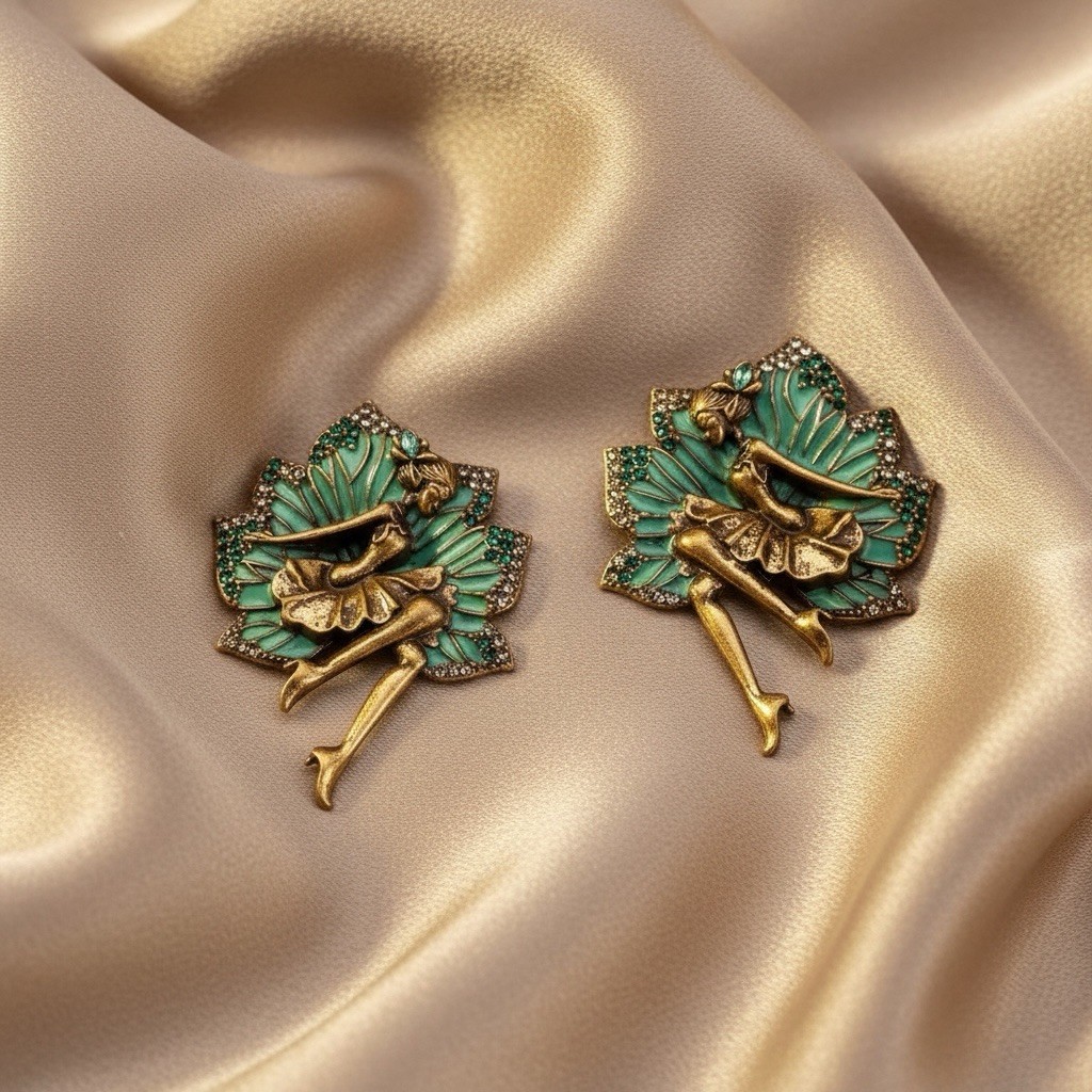 Art Deco Fairy Earrings Leaf Enamel Gold Dancer CZ Boho Ballerina Museum VTG