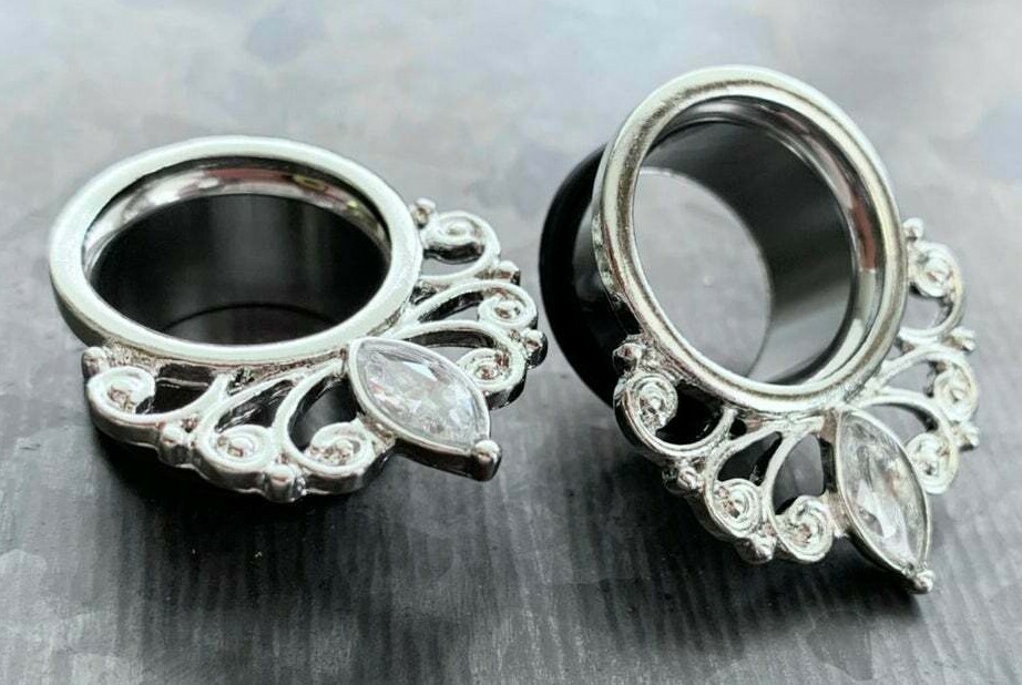 PAIR Marquise Crystal Vintage Filigree Drop Single Flare Tunnels Plugs Gauges
