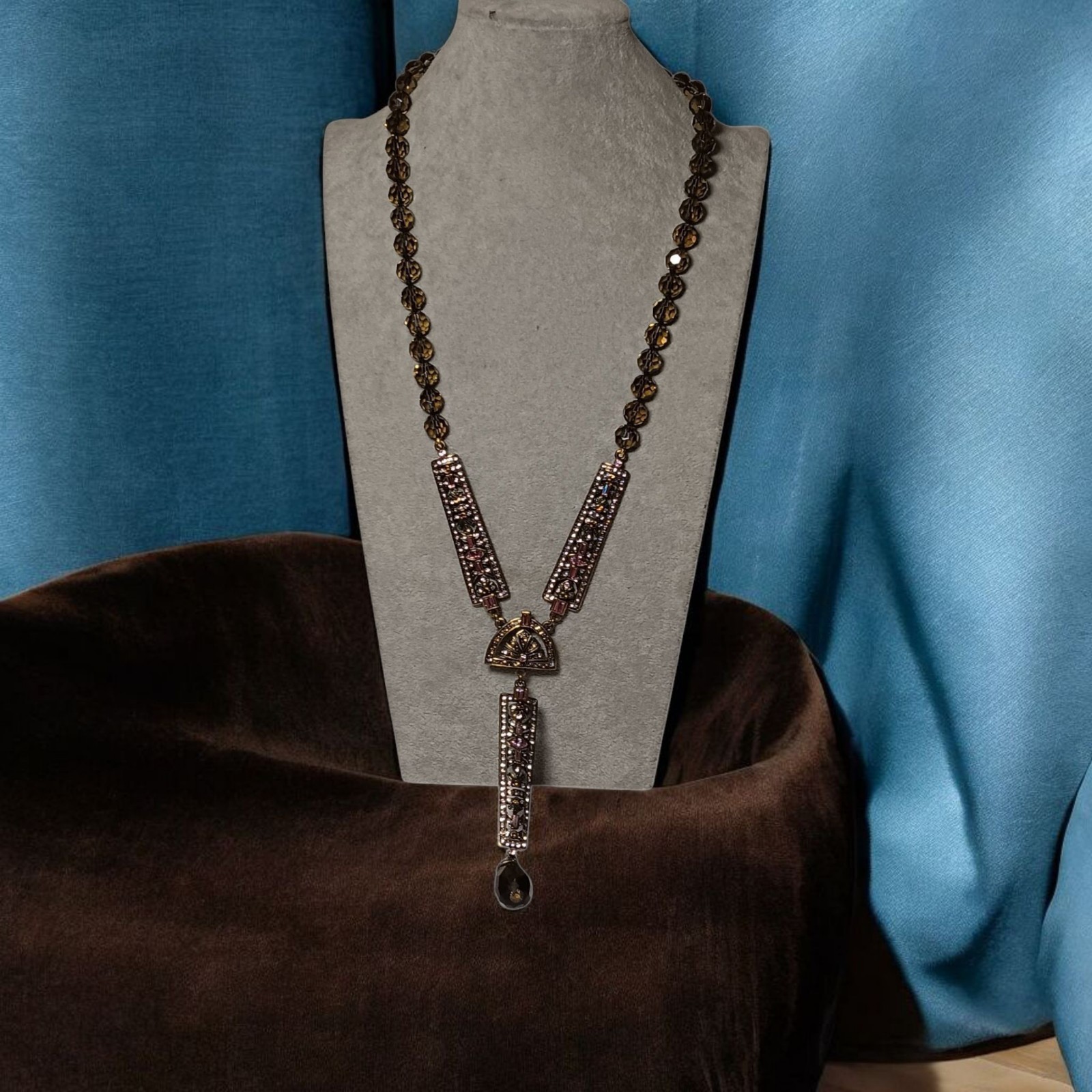 Heidi Daus Necklace Art Deco Rhinestone Aurora Borealis Beauty Long Y Drop