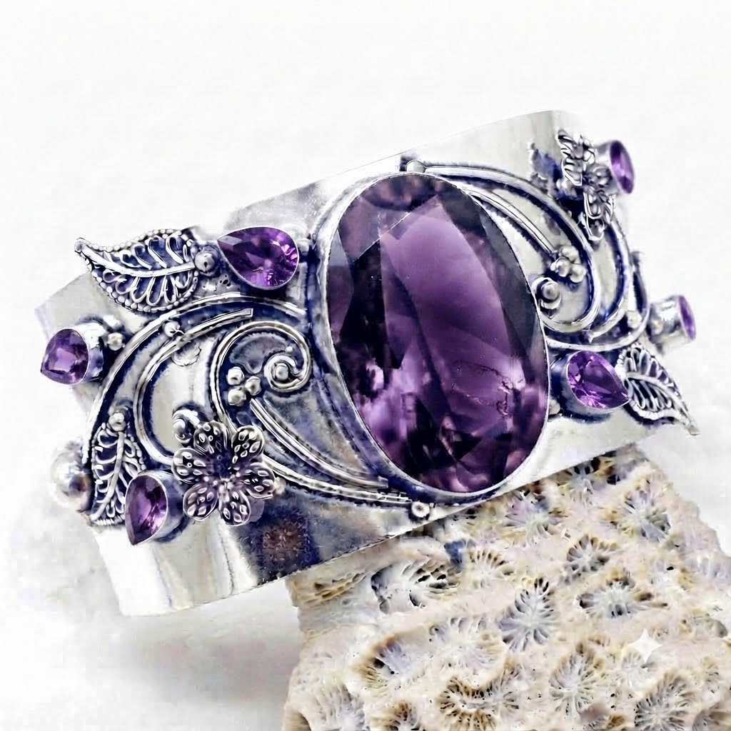Purple Amethyst Gemstone Cuff Bracelet 925 Sterling Silver Handmade Jewelry ADJ