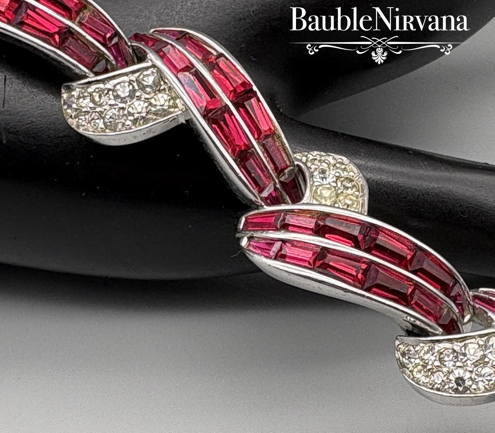 Vintage Boucher Cross Over Link Bracelet Red Baguettes&Clear Crystal Stones