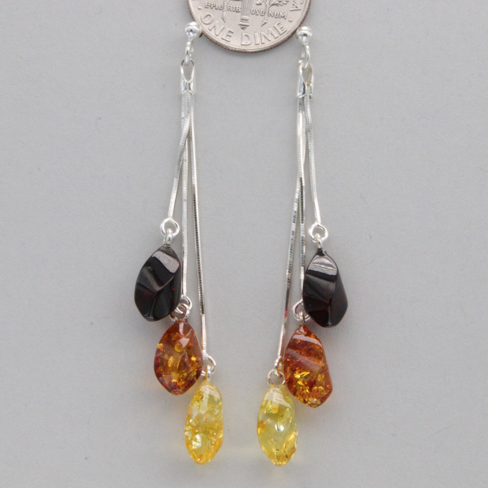 Multi-Color BALTIC AMBER Dangle Post Earrings 925 STERLING SILVER Poland #4809e