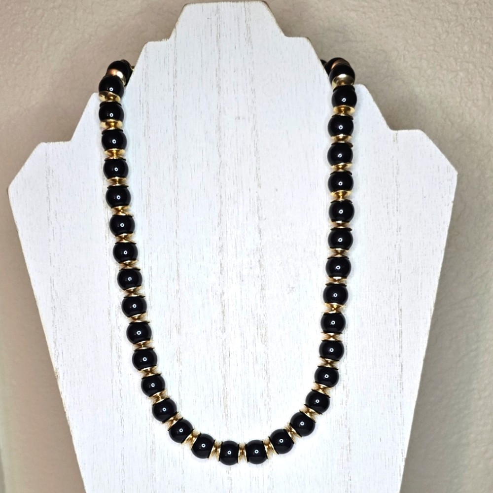 Charming Charlie Gold Tone Necklace With Black Beads – Approx 18 Inches Long