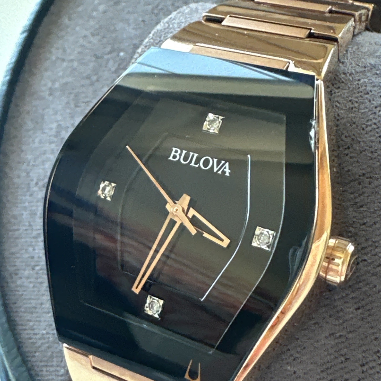 Bulova Gemini Quartz Diamond Black Dial Ladies Watch 97P158 *Chipped Crystal*