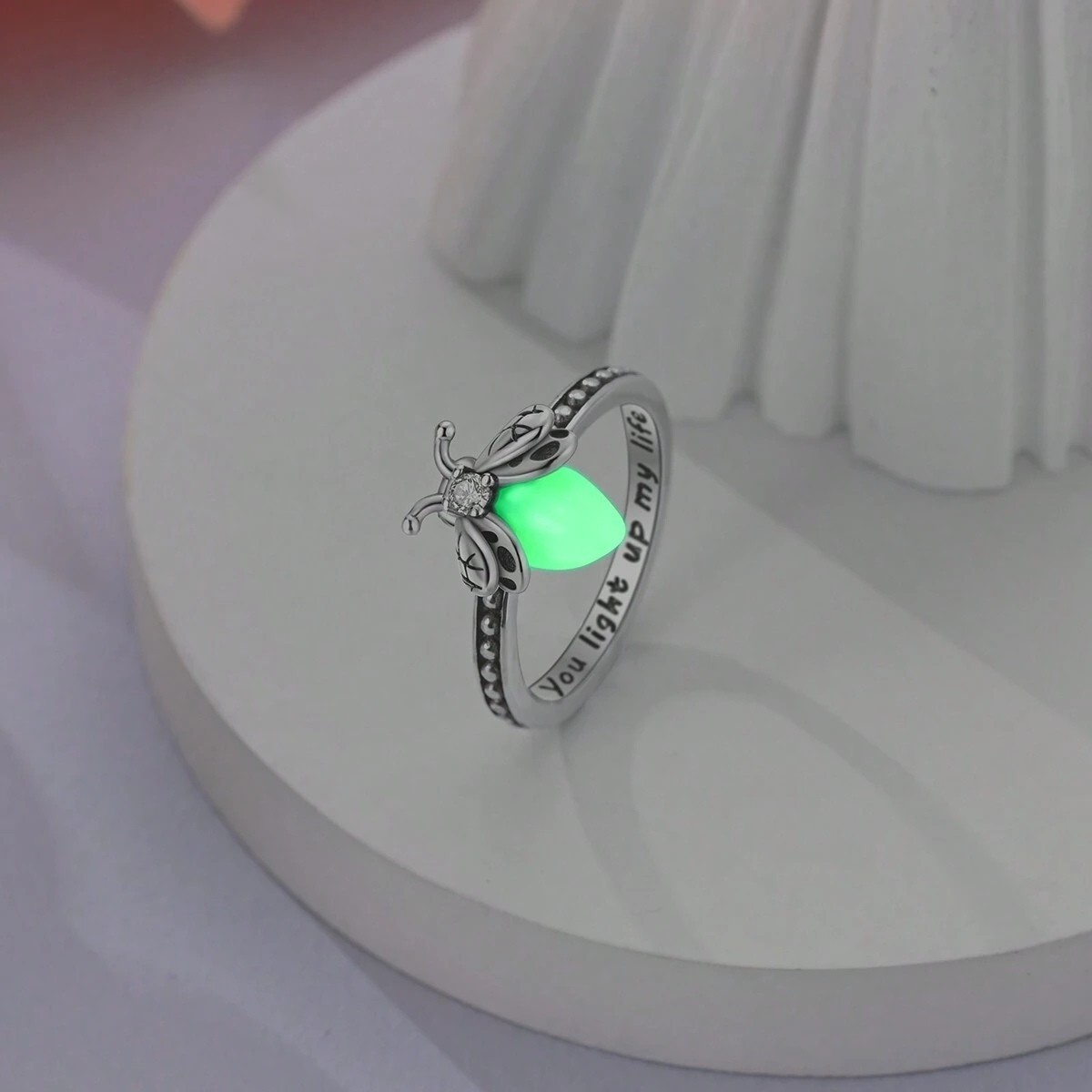 Glow in Dark Firefly Ring Silver You Light Up My Life Women Jewelry Gift