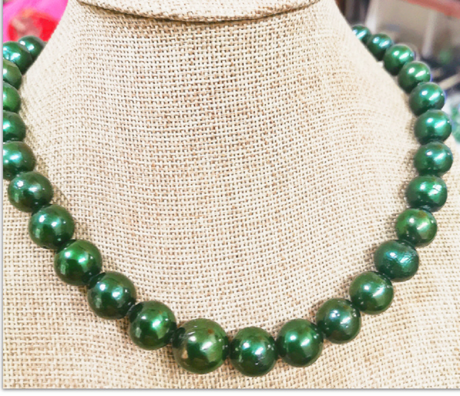 Huge17″12-15mm South Sea Genuine Green Round Pearl Necklace 12280
