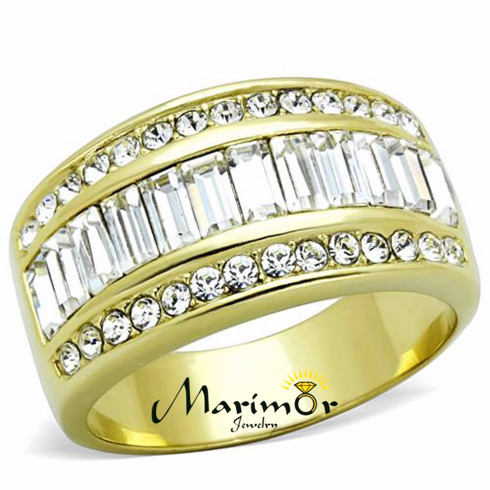 Stainless Steel 14k Gold Ion Plated Crystal Baguette Ring Women’s Sizes 5-10
