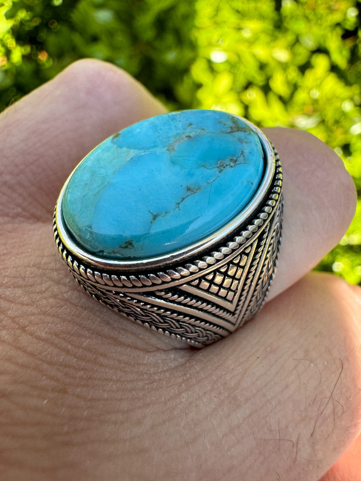 Natural Turquoise Mens Real Solid 925 Silver Handmade Oval Native American Ring