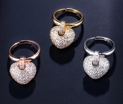 14K Rose Gold Plated Dangle Heart Charm Ring Made Simulated Diamond Adjustable