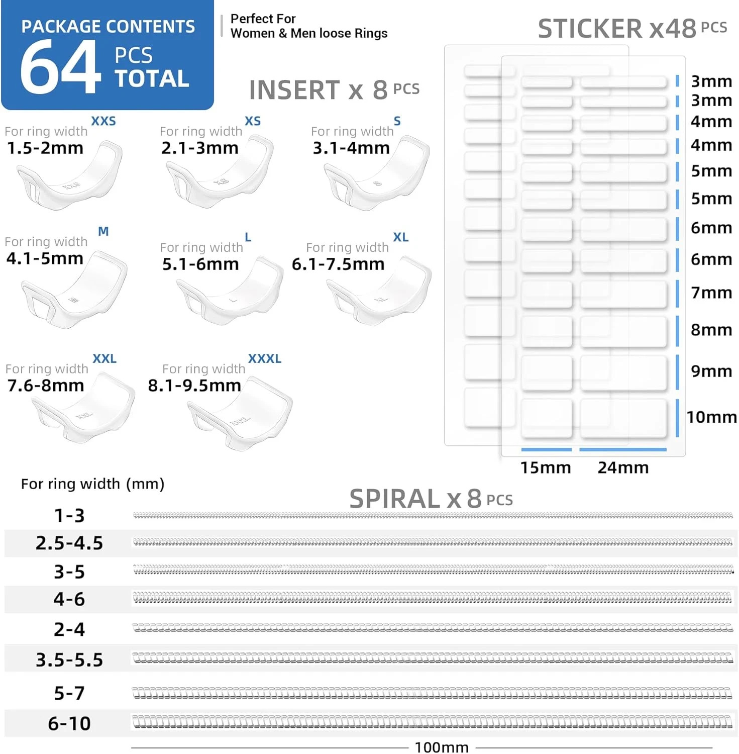 Ring Sizer Adjuster for Loose Rings, 64-Piece Set with 3 Types (Spiral Coils, Ri