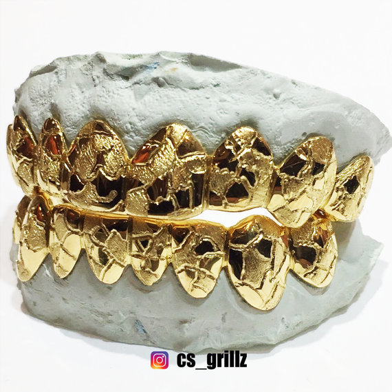Sterling Silver Yellow Gold Plated Nugget Cut Custom Fit Handmade Real GRILLZ