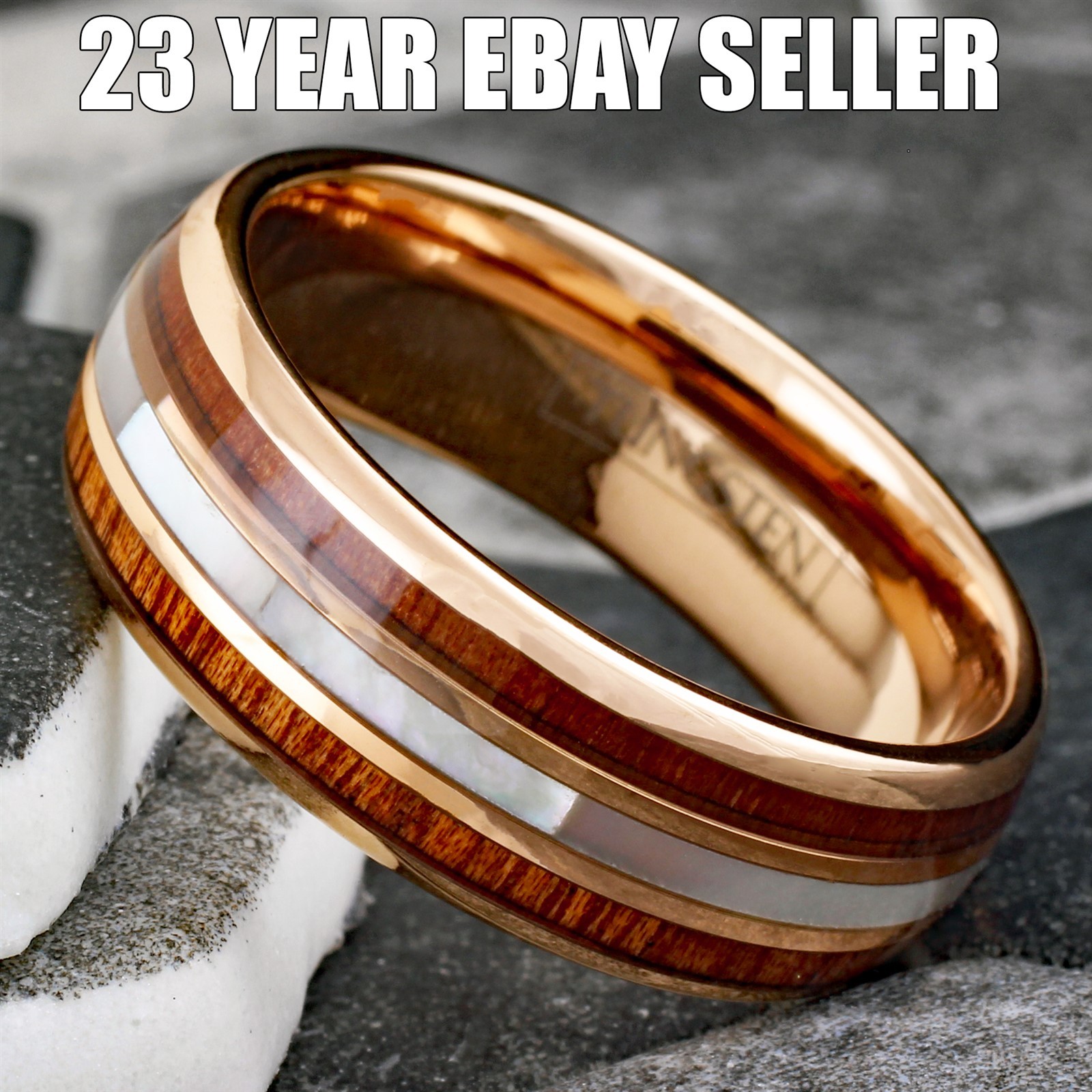 8mm Men’s Rose Gold Plated Tungsten Mother of Pearl & Koa Wood Wedding Band Ring