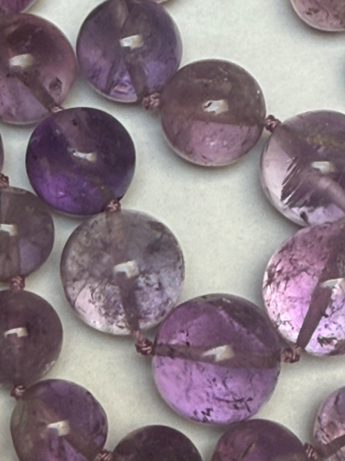 Hand polished amethyst 41 beaded graduated knotted 21.5” necklace