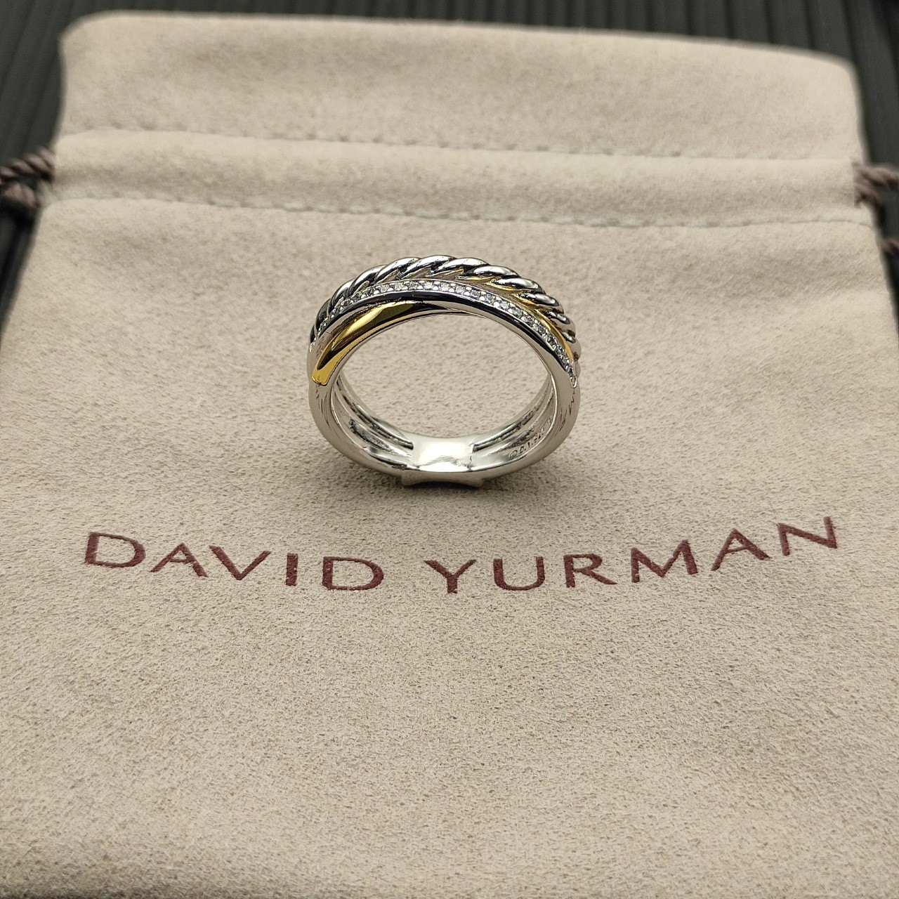 David Yurman 7mm Crossover Three Row Ring Silver with 18K Gold W/Diamonds Size 7