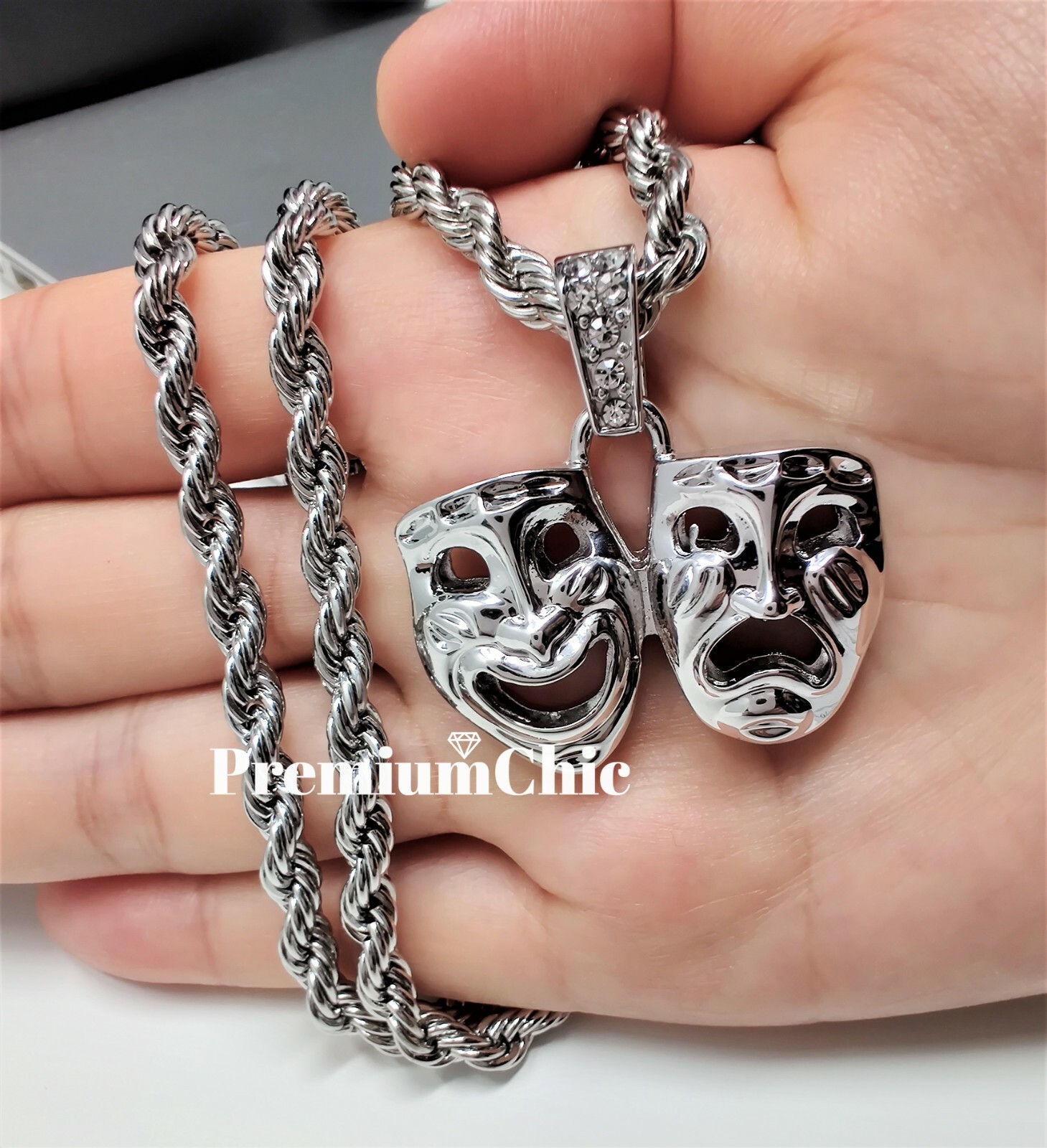 Laugh Now Cry Later Pendant with 5mm Rope Chain Plated Hip Hop CZ Necklace