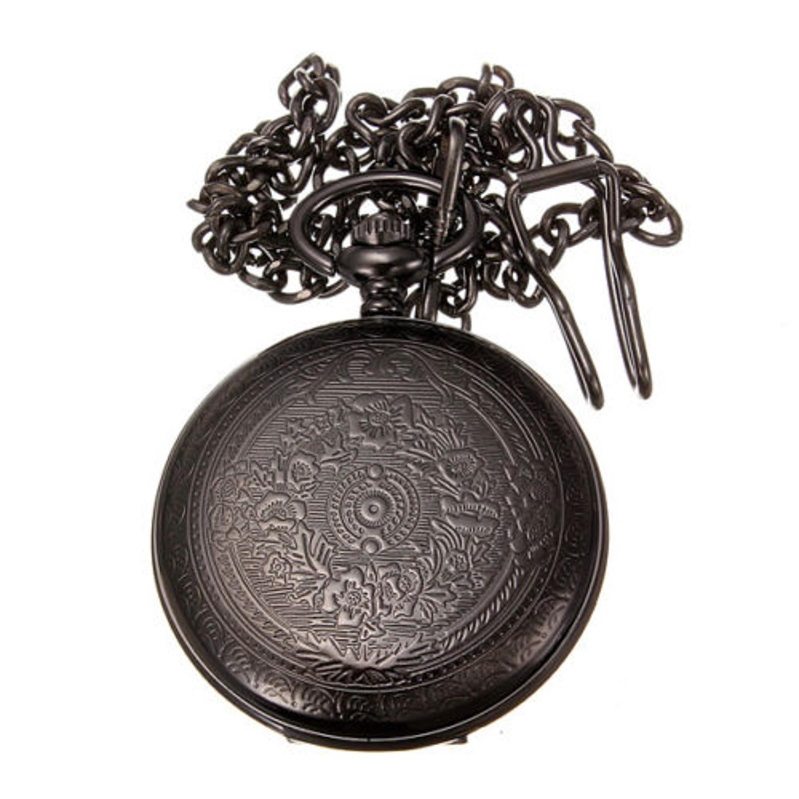 Vintage Retro Steampunk Pocket Watch Black Quartz Pendant Necklace Chain Gift F