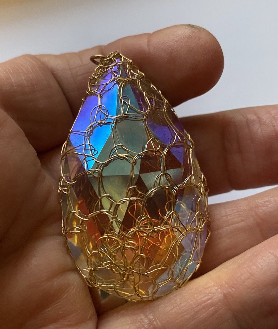 Large, Aurora Borealis Crystal Pendant In 9ct Gold Plated Net Setting