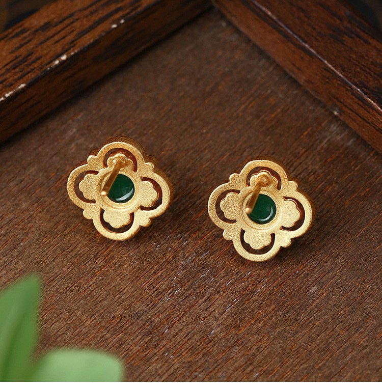 Jade Four-Leaf Clover Stud Earrings Minimalist Bamboo 18K Gold Plated Gemstone