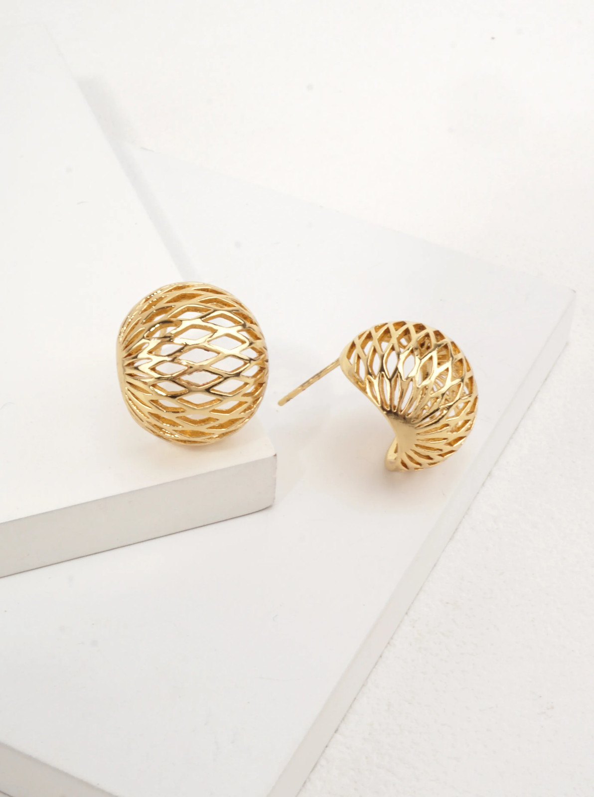 Openwork Dome Stud Earrings 0.7in, Polished Brass, Gold or Silver Tone