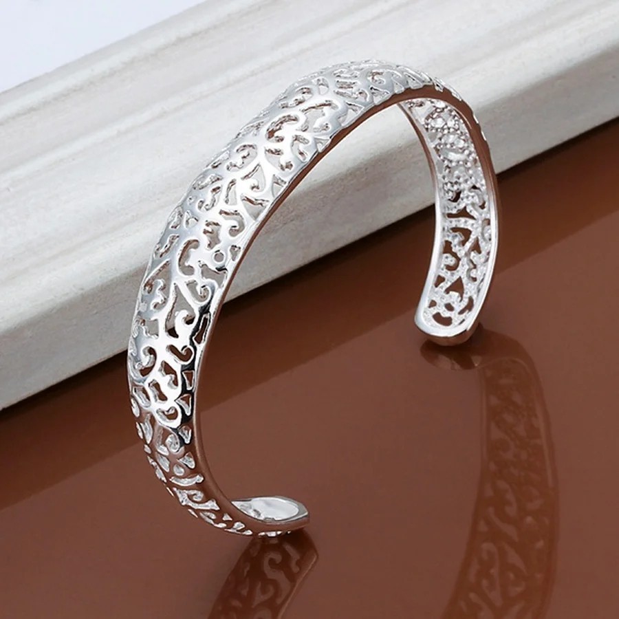 925 Sterling Silver Open Bangle Bracelet Women Round Charm Adjustable Jewelry