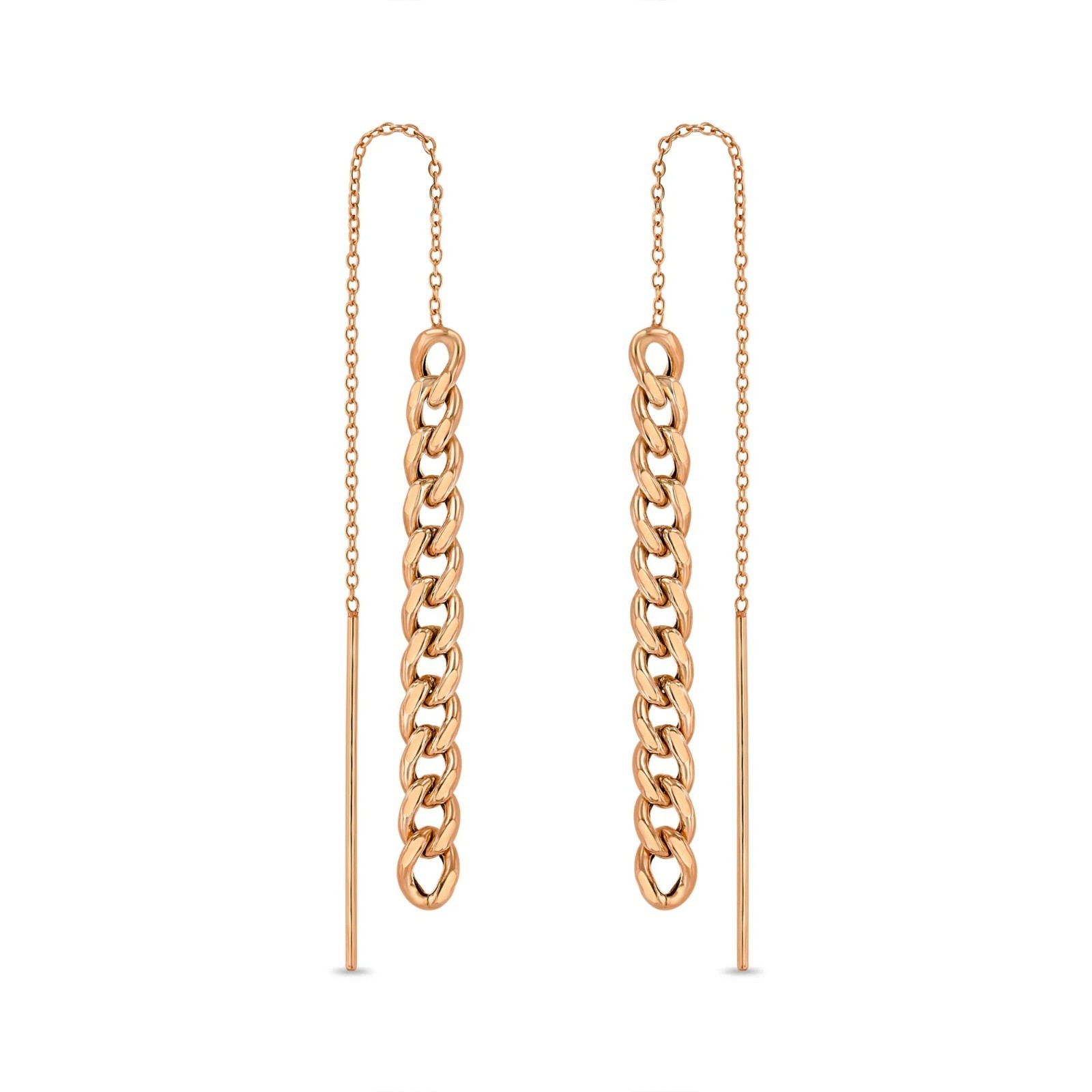 14K Solid Yellow Gold Curb Chain Threader Earrings Long Dangle Drop Bar Minimal
