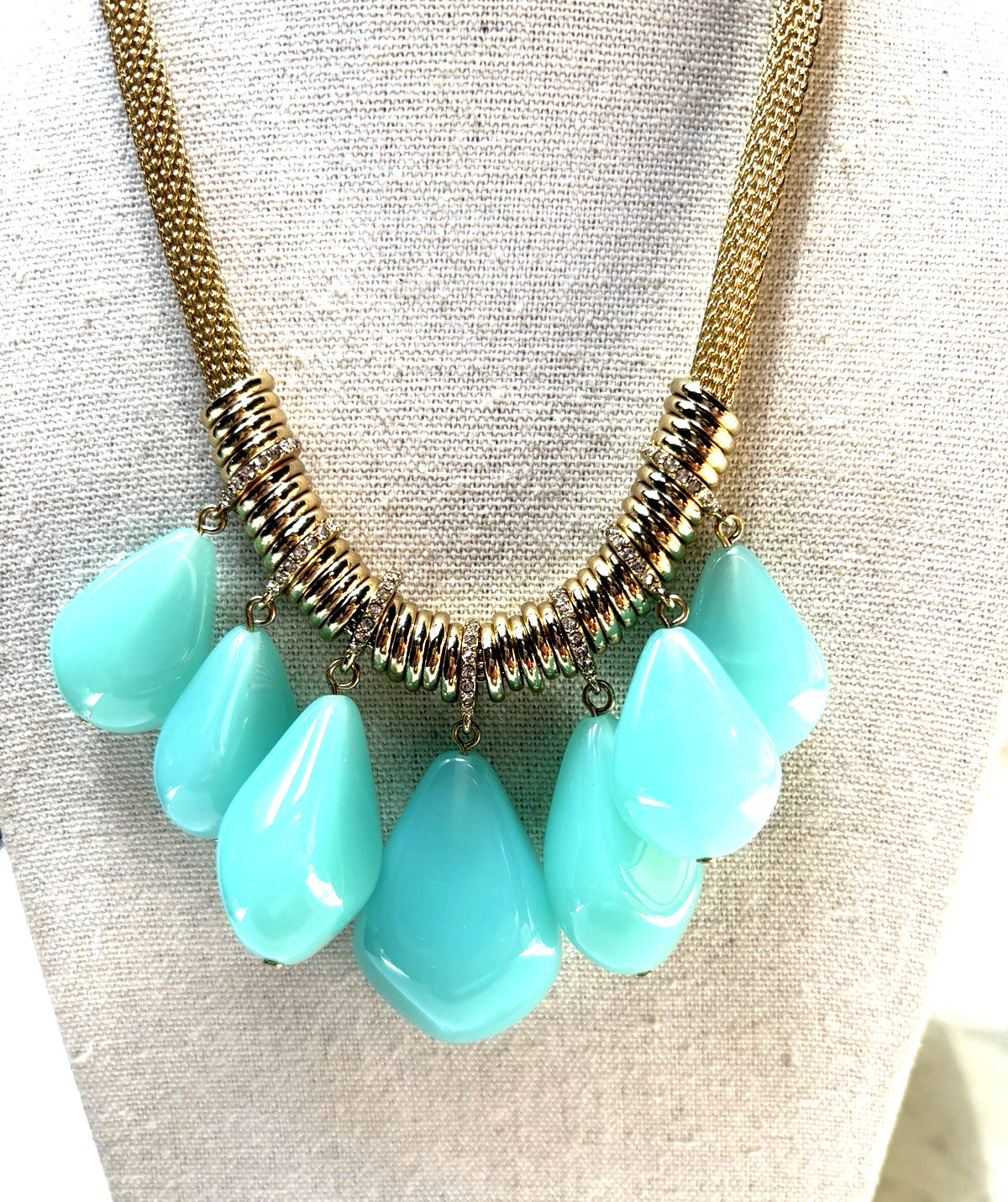 ABS Arthur Swartz Chunky Statement Goldtone Mesh Aqua Acrylic Dangles Necklace
