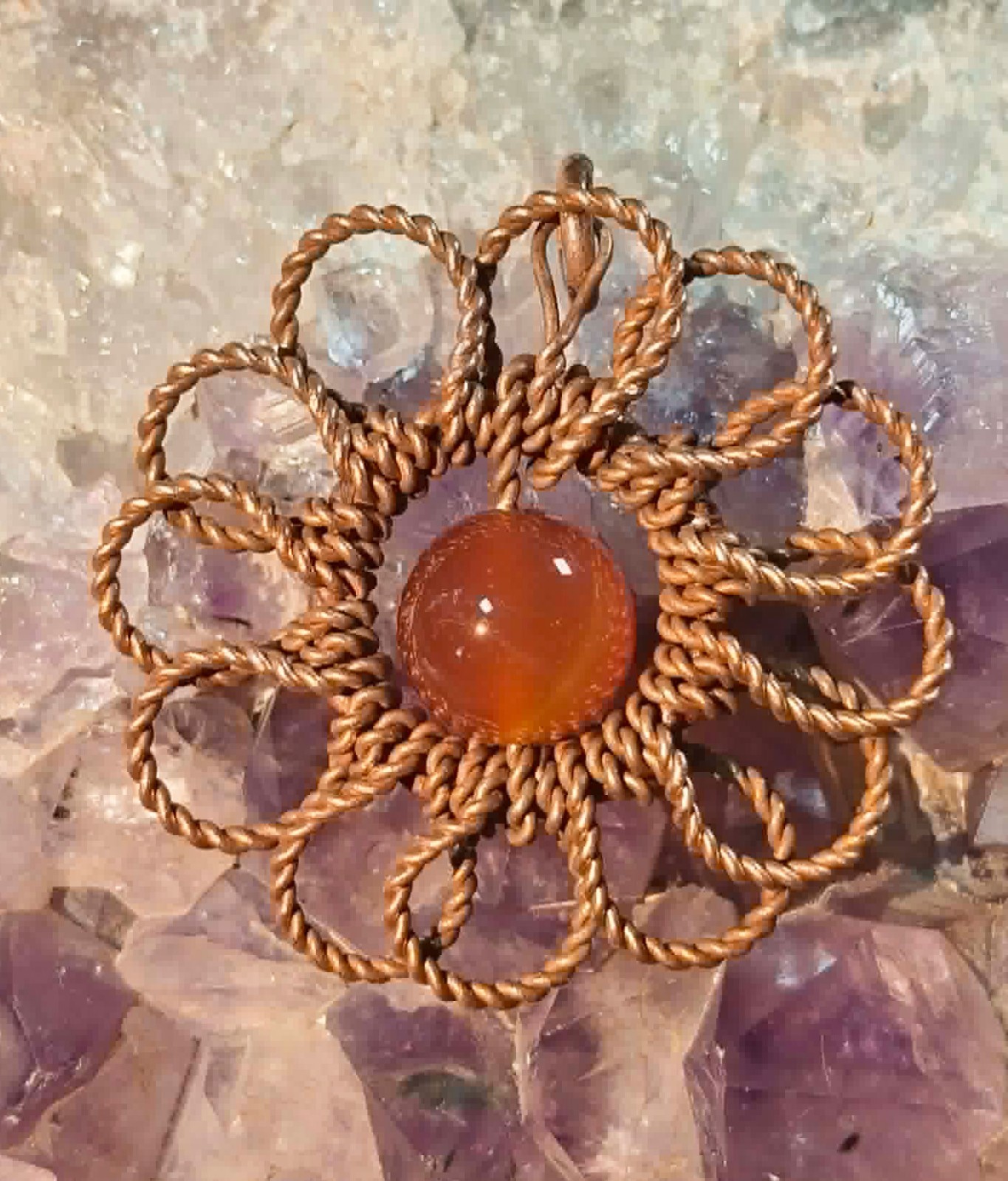 Flower Pendant Copper Daisy Wire Wrapped Mandala Agate Energy Lucky Jewelry #PM5