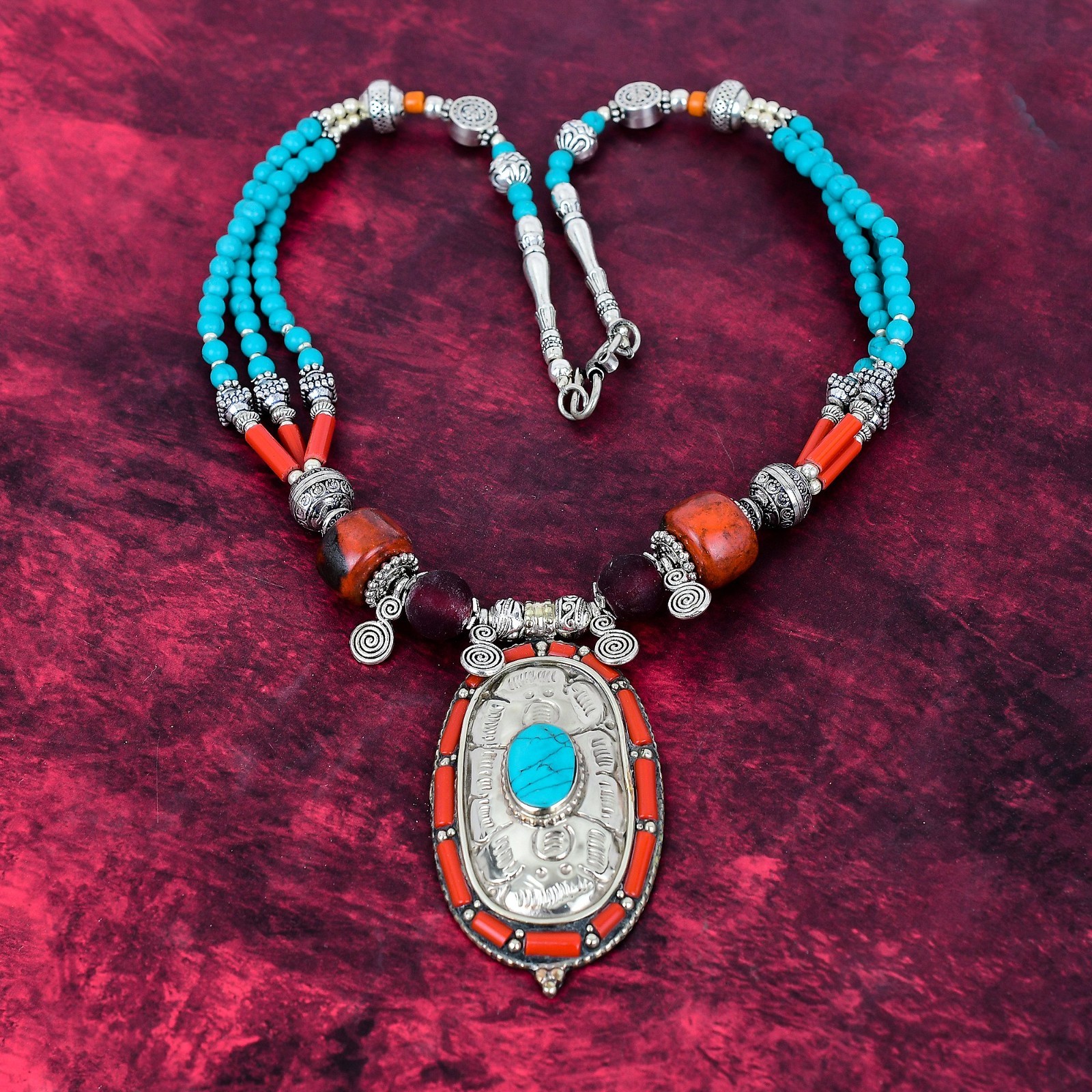 Turquoise & Red Coral Gemstone Handmade Jewelry 925 Solid Silver Nepali Necklace