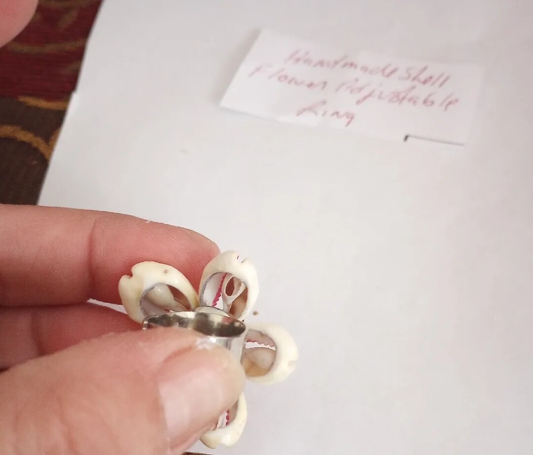 Hand Made Shell Flower White ,Pink, Brown Silver Tone Adjustable Ring