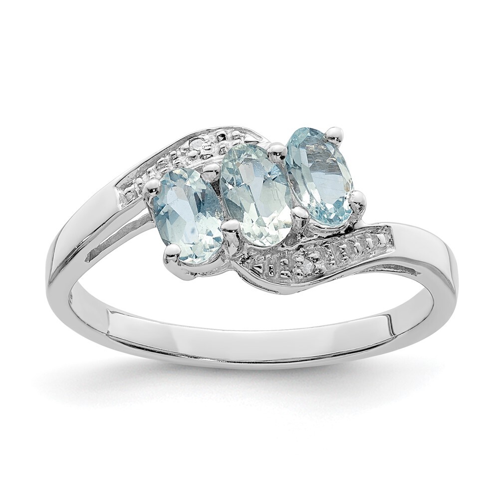 Sterling Silver Rhodium Aquamarine & Diamond Ring Size 7
