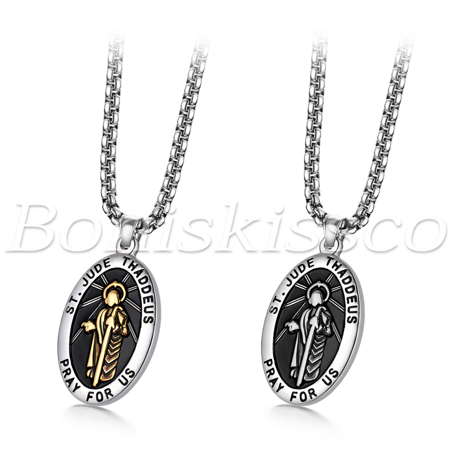 Men’s Unisex Stainless Steel St Jude Thaddeus Jesus Oval Pendant Necklace Chain