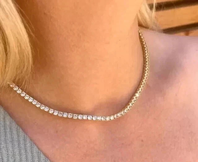 12Ct Round Cut Lab Grown Diamond Tennis Necklace 14K Yellow Gold Plated 18″inch