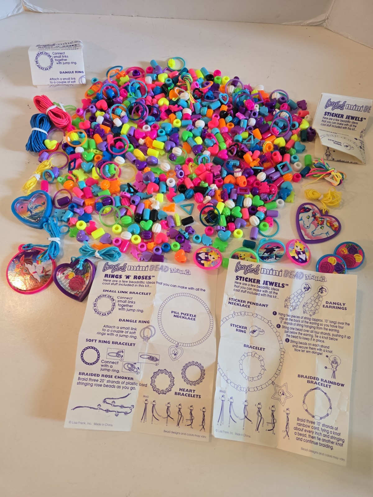 VTG Lisa Frank Inc Jewelry Lot Mini Bead Mania Sets Unused Rings Sticker Jewels
