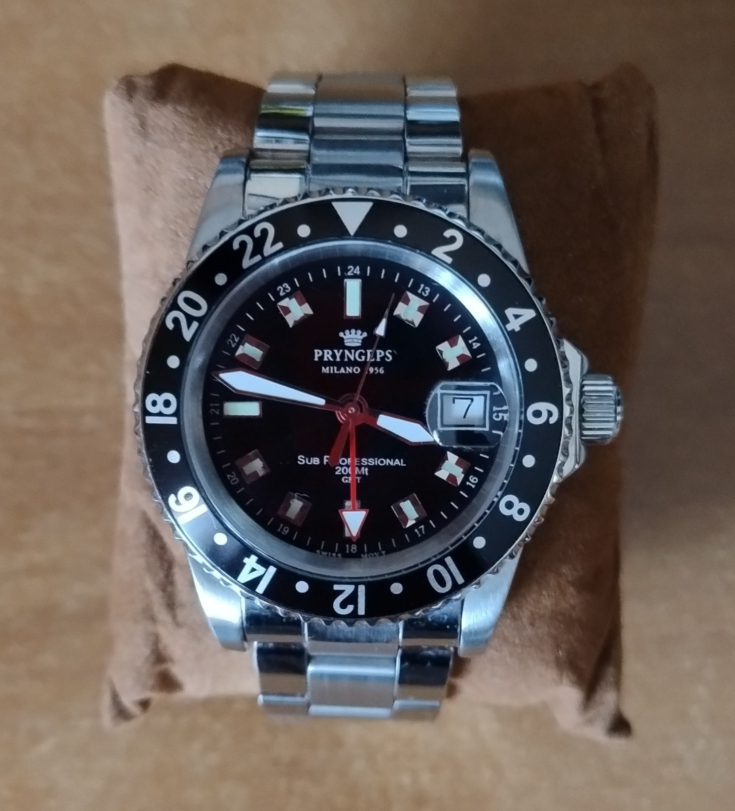 PRYNGEPS GMT 200M WATCH REF A459/1 MEDITERRANEAN COLLECTION SWISS MOVT ROUND
